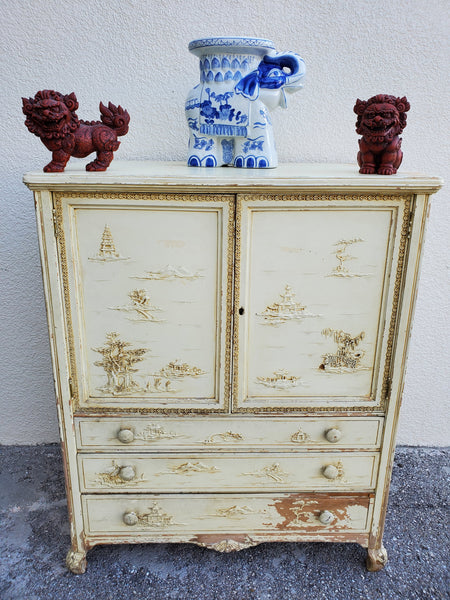 ANTIQUE DISTRESSED CHINOISERIE PAGODA HAND CARVED WARDROBE TALLBOY DRESSER