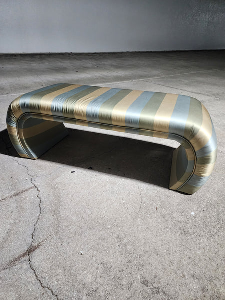 VINTAGE DIRECTIONAL FURNITURE by MILO BAUGHMAN/ BERNHARDT 'FLAIR' COLLECTION UPHOLSTERED WATERFALL/ SCROLL BENCH