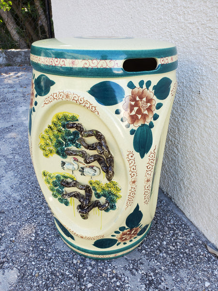 ANTIQUE/ VINTAGE CERAMIC PORCELAIN CHINOISERIE HAND PAINTED PROTRUDING BIRDIES  🦢🦤🦩 TREES 🌳🌲🌴 GARDEN STOOL / PLANT STAND ~ MISC