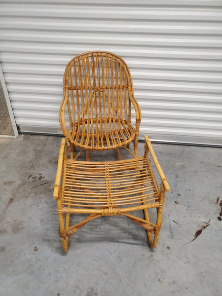 VINTAGE FRANCO ALBINI (style) BAMBOO RATTAN ACCENT CHAIR W/OTTOMAN// STOOL/ BENCH
