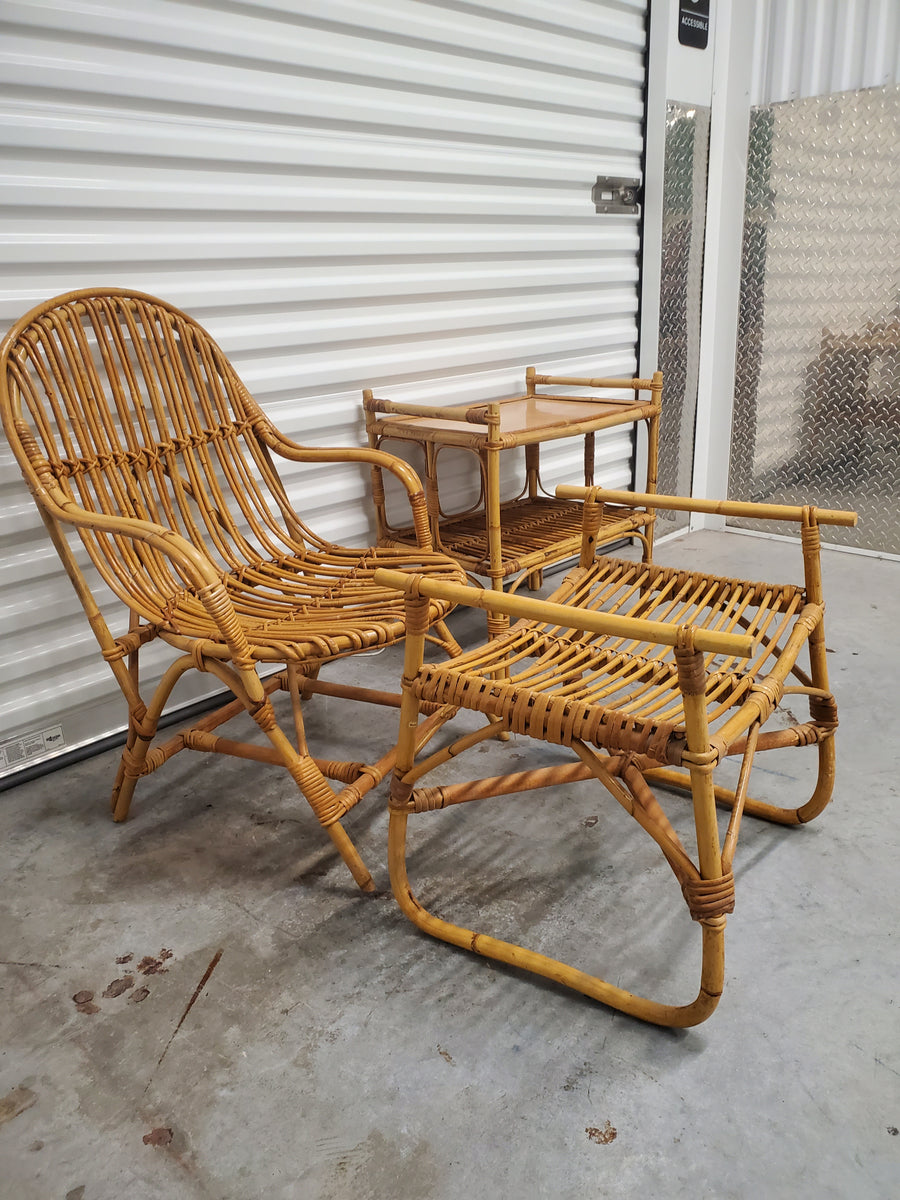 VINTAGE FRANCO ALBINI (style) BAMBOO RATTAN ACCENT CHAIR W/OTTOMAN// S –  BOBS BEACH CHIC TREASURES, image size:900x1200
