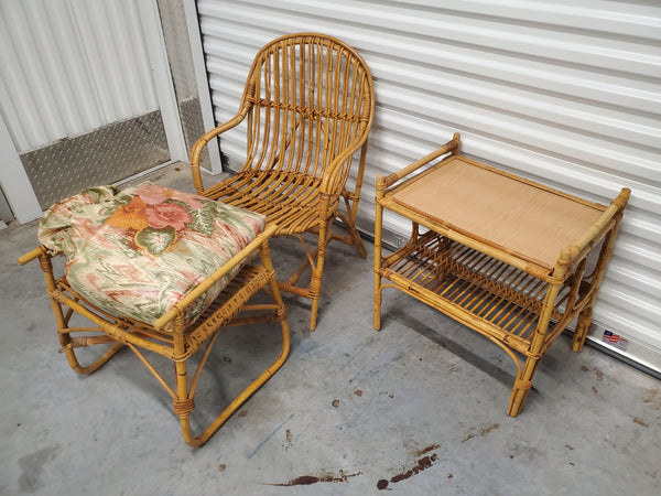 VINTAGE FRANCO ALBINI (style) BAMBOO RATTAN ACCENT CHAIR W/OTTOMAN// STOOL/ BENCH
