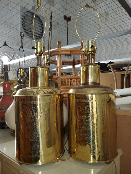 VINTAGE BRASS CHINOISERIE ETCHED CANISTER LAMPS (2)