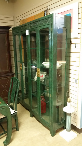 VINTAGE HENREDON FAUX MALACHITE CHINOISERIE MING WATERFALL DINING SET WITH SIX CANE DINING CHAIRS