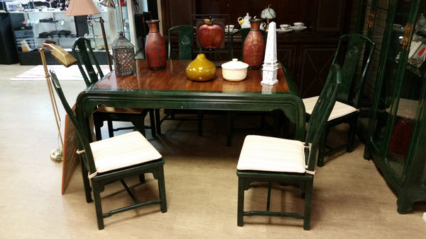 VINTAGE HENREDON FAUX MALACHITE CHINOISERIE MING WATERFALL DINING SET WITH SIX CANE DINING CHAIRS