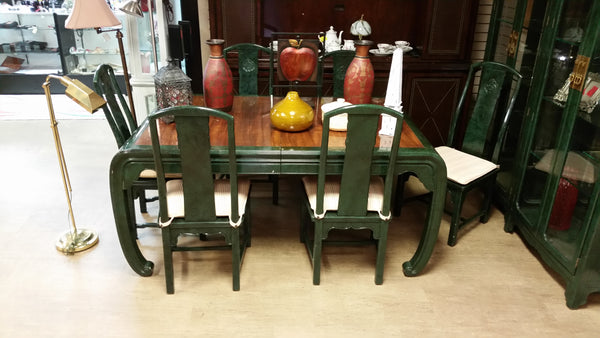 VINTAGE HENREDON FAUX MALACHITE CHINOISERIE MING WATERFALL DINING SET WITH SIX CANE DINING CHAIRS