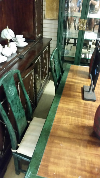 VINTAGE HENREDON FAUX MALACHITE CHINOISERIE MING WATERFALL DINING SET WITH SIX CANE DINING CHAIRS