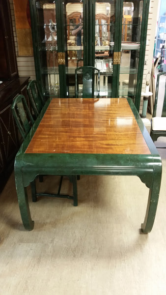 VINTAGE HENREDON FAUX MALACHITE CHINOISERIE MING WATERFALL DINING SET WITH SIX CANE DINING CHAIRS