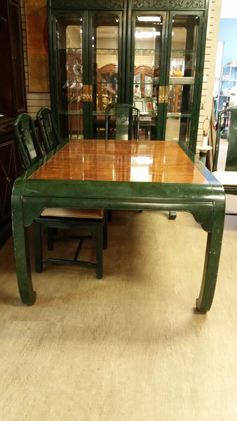VINTAGE HENREDON FAUX MALACHITE CHINOISERIE MING WATERFALL DINING SET WITH SIX CANE DINING CHAIRS