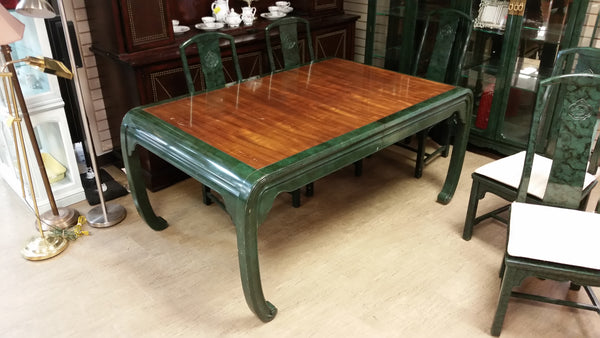 VINTAGE HENREDON FAUX MALACHITE CHINOISERIE MING WATERFALL DINING SET WITH SIX CANE DINING CHAIRS