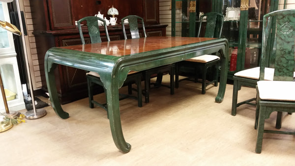 VINTAGE HENREDON FAUX MALACHITE CHINOISERIE MING WATERFALL DINING SET WITH SIX CANE DINING CHAIRS