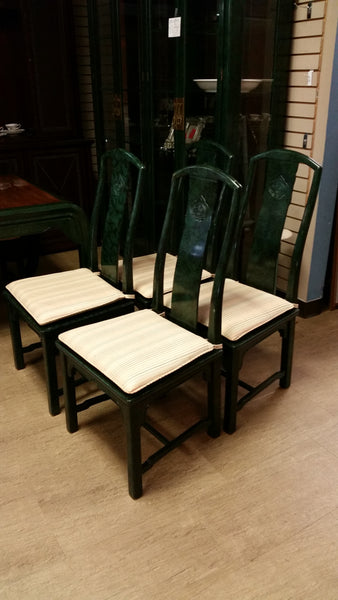 VINTAGE HENREDON FAUX MALACHITE CHINOISERIE MING WATERFALL DINING SET WITH SIX CANE DINING CHAIRS