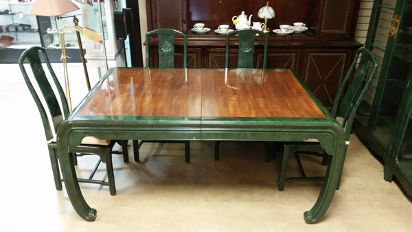 VINTAGE HENREDON FAUX MALACHITE CHINOISERIE MING WATERFALL DINING SET WITH SIX CANE DINING CHAIRS