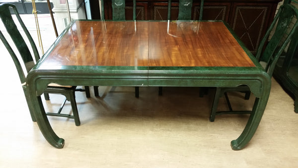 VINTAGE HENREDON FAUX MALACHITE CHINOISERIE MING WATERFALL DINING SET WITH SIX CANE DINING CHAIRS