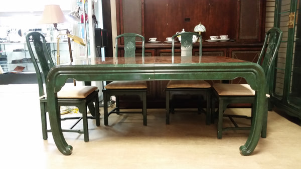 VINTAGE HENREDON FAUX MALACHITE CHINOISERIE MING WATERFALL DINING SET WITH SIX CANE DINING CHAIRS