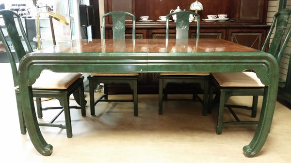 VINTAGE HENREDON FAUX MALACHITE CHINOISERIE MING WATERFALL DINING SET WITH SIX CANE DINING CHAIRS