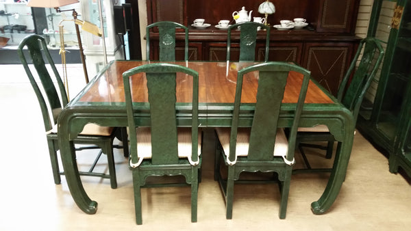 VINTAGE HENREDON FAUX MALACHITE CHINOISERIE MING WATERFALL DINING SET WITH SIX CANE DINING CHAIRS