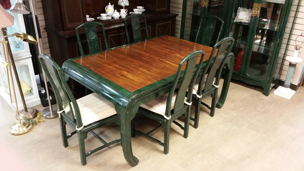 VINTAGE HENREDON FAUX MALACHITE CHINOISERIE MING WATERFALL DINING SET WITH SIX CANE DINING CHAIRS