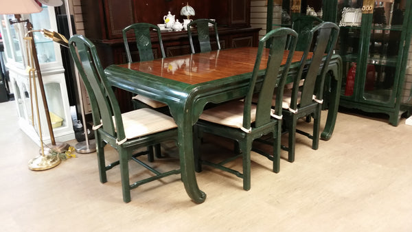 VINTAGE HENREDON FAUX MALACHITE CHINOISERIE MING WATERFALL DINING SET WITH SIX CANE DINING CHAIRS