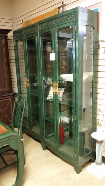 VINTAGE HENREDON FAUX MALACHITE CHINOISERIE MING WATERFALL DINING SET WITH SIX CANE DINING CHAIRS