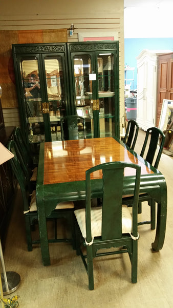 VINTAGE HENREDON FAUX MALACHITE CHINOISERIE MING WATERFALL DINING SET WITH SIX CANE DINING CHAIRS