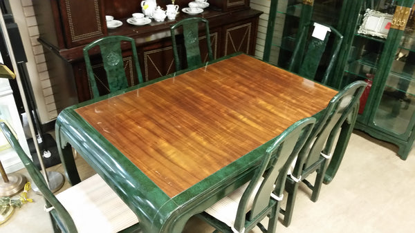 VINTAGE HENREDON FAUX MALACHITE CHINOISERIE MING WATERFALL DINING SET WITH SIX CANE DINING CHAIRS