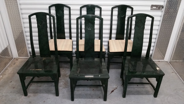 VINTAGE HENREDON FAUX MALACHITE CHINOISERIE MING WATERFALL DINING SET WITH SIX CANE DINING CHAIRS
