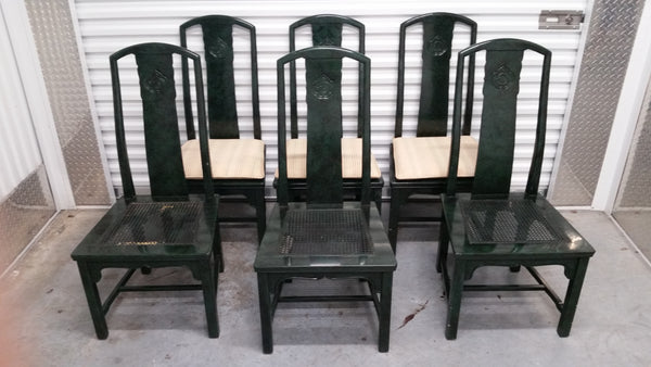 VINTAGE HENREDON FAUX MALACHITE CHINOISERIE MING WATERFALL DINING SET WITH SIX CANE DINING CHAIRS