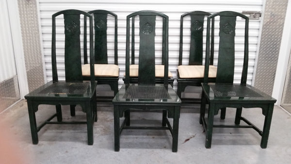 VINTAGE HENREDON FAUX MALACHITE CHINOISERIE MING WATERFALL DINING SET WITH SIX CANE DINING CHAIRS