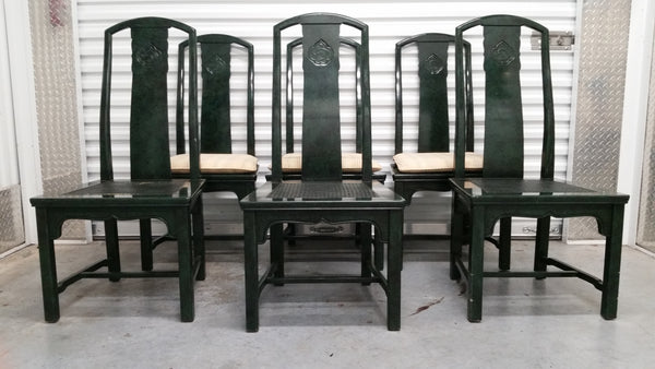 VINTAGE HENREDON FAUX MALACHITE CHINOISERIE MING WATERFALL DINING SET WITH SIX CANE DINING CHAIRS