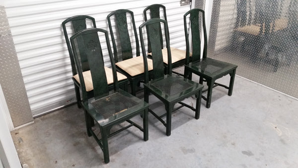 VINTAGE HENREDON FAUX MALACHITE CHINOISERIE MING WATERFALL DINING SET WITH SIX CANE DINING CHAIRS