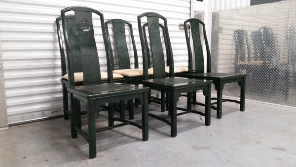 VINTAGE HENREDON FAUX MALACHITE CHINOISERIE MING WATERFALL DINING SET WITH SIX CANE DINING CHAIRS