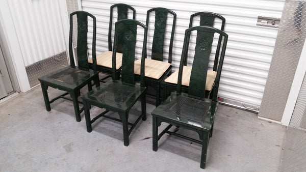 VINTAGE HENREDON FAUX MALACHITE CHINOISERIE MING WATERFALL DINING SET WITH SIX CANE DINING CHAIRS