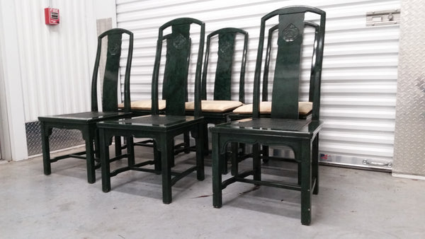 VINTAGE HENREDON FAUX MALACHITE CHINOISERIE MING WATERFALL DINING SET WITH SIX CANE DINING CHAIRS