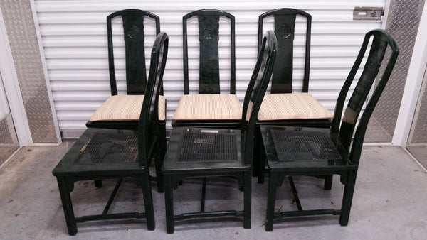 VINTAGE HENREDON FAUX MALACHITE CHINOISERIE MING WATERFALL DINING SET WITH SIX CANE DINING CHAIRS