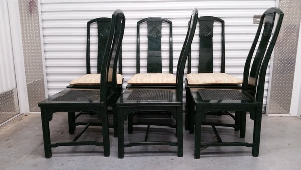 VINTAGE HENREDON FAUX MALACHITE CHINOISERIE MING WATERFALL DINING SET WITH SIX CANE DINING CHAIRS