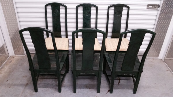 VINTAGE HENREDON FAUX MALACHITE CHINOISERIE MING WATERFALL DINING SET WITH SIX CANE DINING CHAIRS