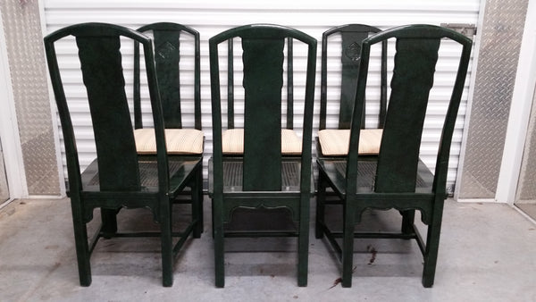 VINTAGE HENREDON FAUX MALACHITE CHINOISERIE MING WATERFALL DINING SET WITH SIX CANE DINING CHAIRS