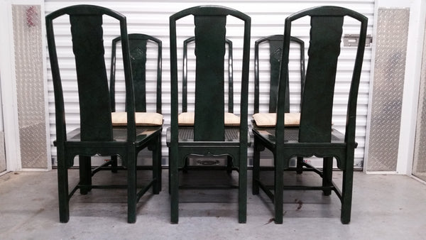VINTAGE HENREDON FAUX MALACHITE CHINOISERIE MING WATERFALL DINING SET WITH SIX CANE DINING CHAIRS