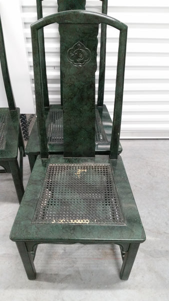 VINTAGE HENREDON FAUX MALACHITE CHINOISERIE MING WATERFALL DINING SET WITH SIX CANE DINING CHAIRS