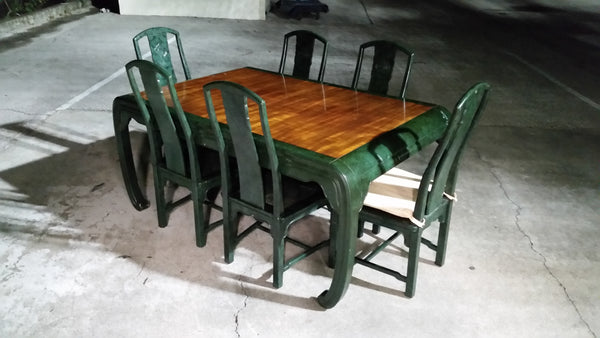 VINTAGE HENREDON FAUX MALACHITE CHINOISERIE MING WATERFALL DINING SET WITH SIX CANE DINING CHAIRS