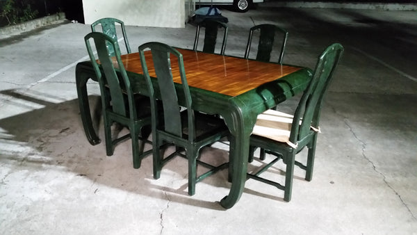 VINTAGE HENREDON FAUX MALACHITE CHINOISERIE MING WATERFALL DINING SET WITH SIX CANE DINING CHAIRS