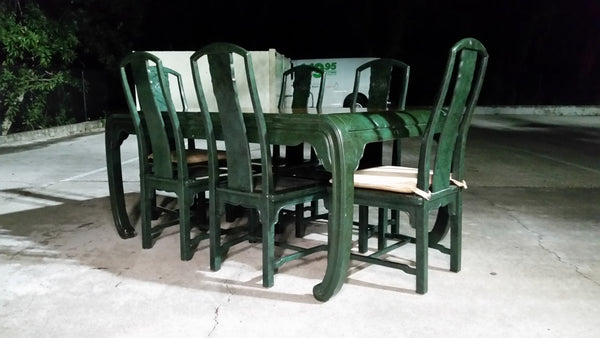 VINTAGE HENREDON FAUX MALACHITE CHINOISERIE MING WATERFALL DINING SET WITH SIX CANE DINING CHAIRS