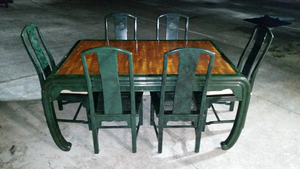 VINTAGE HENREDON FAUX MALACHITE CHINOISERIE MING WATERFALL DINING SET WITH SIX CANE DINING CHAIRS