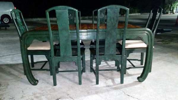 VINTAGE HENREDON FAUX MALACHITE CHINOISERIE MING WATERFALL DINING SET WITH SIX CANE DINING CHAIRS