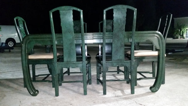 VINTAGE HENREDON FAUX MALACHITE CHINOISERIE MING WATERFALL DINING SET WITH SIX CANE DINING CHAIRS