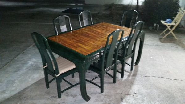 VINTAGE HENREDON FAUX MALACHITE CHINOISERIE MING WATERFALL DINING SET WITH SIX CANE DINING CHAIRS