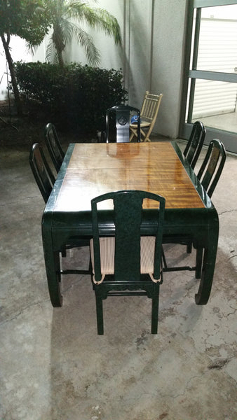 VINTAGE HENREDON FAUX MALACHITE CHINOISERIE MING WATERFALL DINING SET WITH SIX CANE DINING CHAIRS