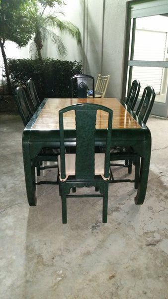 VINTAGE HENREDON FAUX MALACHITE CHINOISERIE MING WATERFALL DINING SET WITH SIX CANE DINING CHAIRS