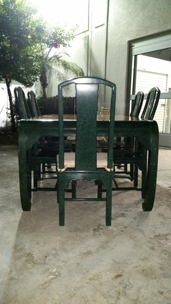 VINTAGE HENREDON FAUX MALACHITE CHINOISERIE MING WATERFALL DINING SET WITH SIX CANE DINING CHAIRS